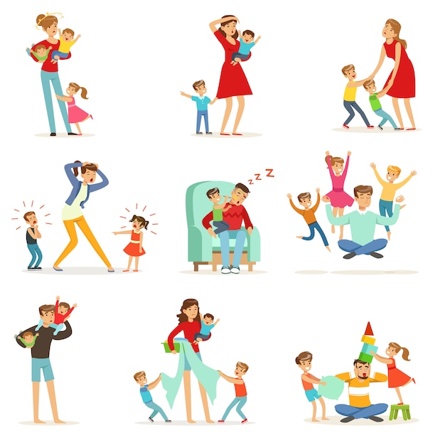 Premium Vector | Tired parents and their children set, parenting stress ...