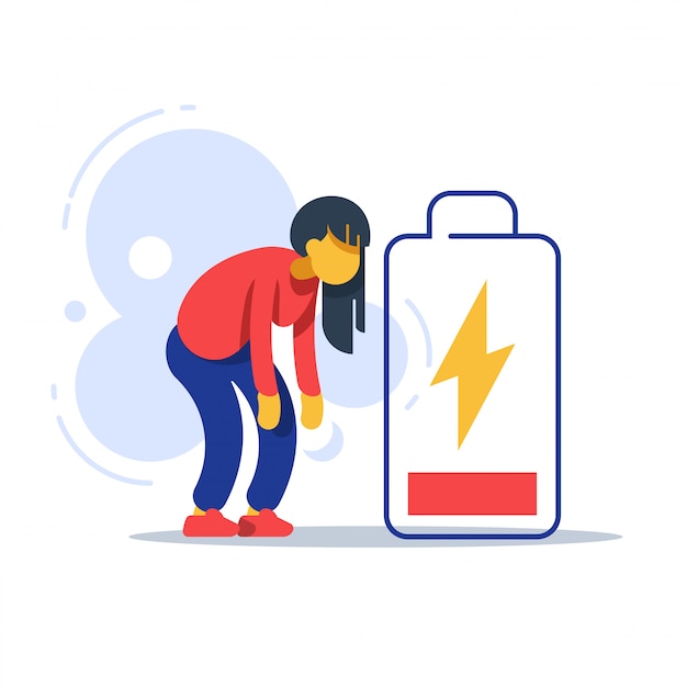 Tired Woman And Low Energy Battery Premium Vector