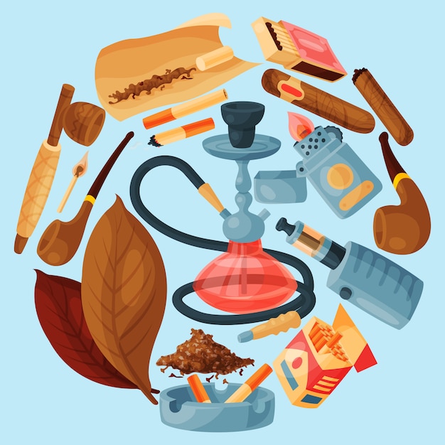  Tobacco, cigar and hookah round vector illustration. cigars, cigarettes and tobacco leaves, pipes, 