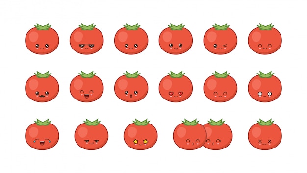 トマトかわいいマスコット かわいい食べ物の顔を設定する プレミアムベクター