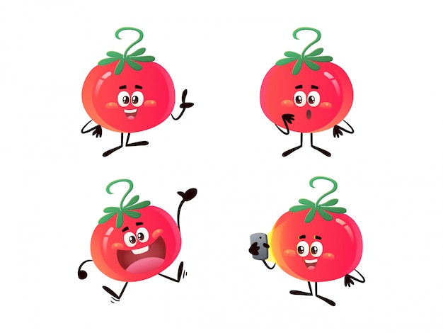 トマトキャラクターイラストアウトライン手描きデザインスタイル プレゼンテーション 驚き 幸せ 手電話 プレミアムベクター
