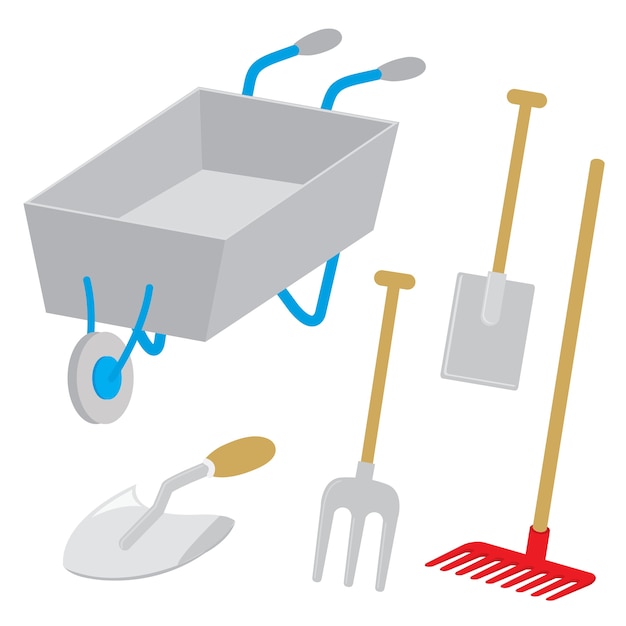 Tool garden wheelbarrow spade rake fork hoe trowel vector Premium Vector