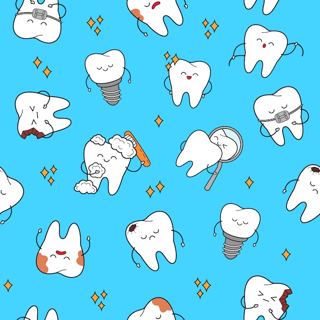 Premium Vector | Tooth seamless pattern with cheerful characters teeth.