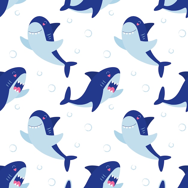 こぼれるようなサメのシームレスなパターン 水中キュートなキャラクター ラッピング ファブリック 壁紙 テキスタイルのベビープリント プレミアムベクター