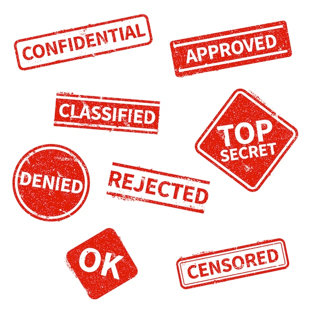 Top secret, rejected, approved, classified, confidential, denied and censored red grunge stamps isol