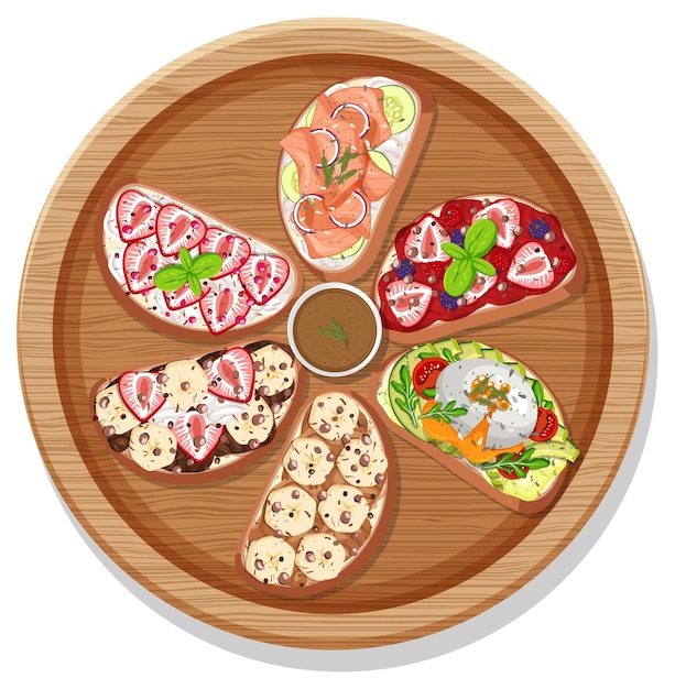 Premium Vector | Top view of different bruschetta on a round plate isolated