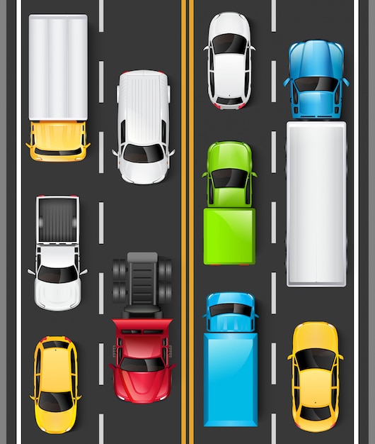 道路上の車やトラックの平面図です 車は高速道路を運転しています 道路上のトラフィック 図 プレミアムベクター