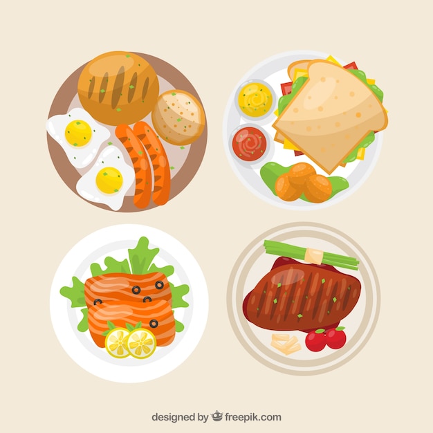Top view of food dishes with flat design