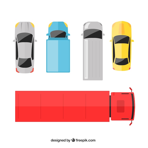 Top view of four cars and one truck Vector | Free Download