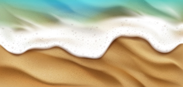 砂とビーチに泡がはねている海の波の上面図 海岸線の背景に青い海の泡のような水のしぶき 夏の日の自然の表面 航海の海の風景 リアルな3dイラスト 無料 のベクター