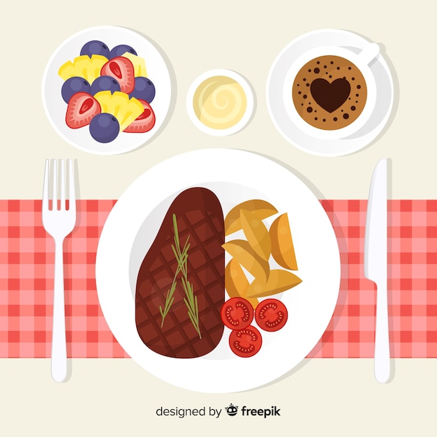 Top view of restaurant table with flat design Free Vector