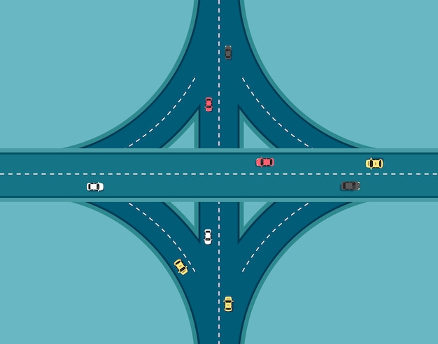 別の車でトップビュー道路 アウトバーンと高速道路のジャンクション 交通要素を持つ都市インフラ フラットなモダンなスタイルのイラスト プレミアムベクター