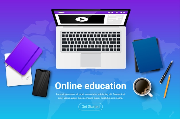 Top view of workplace for study and work. online education banner. e-learning workspace illustration
