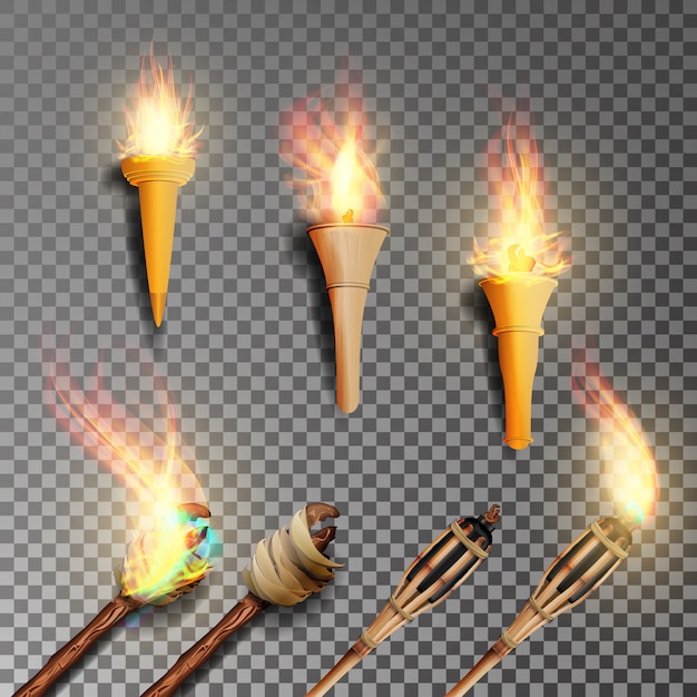 Premium Vector | Torch with flame set on dark transparent background