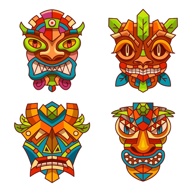 Premium Vector | Totem masks with tribal decoration ornament of tiki ...