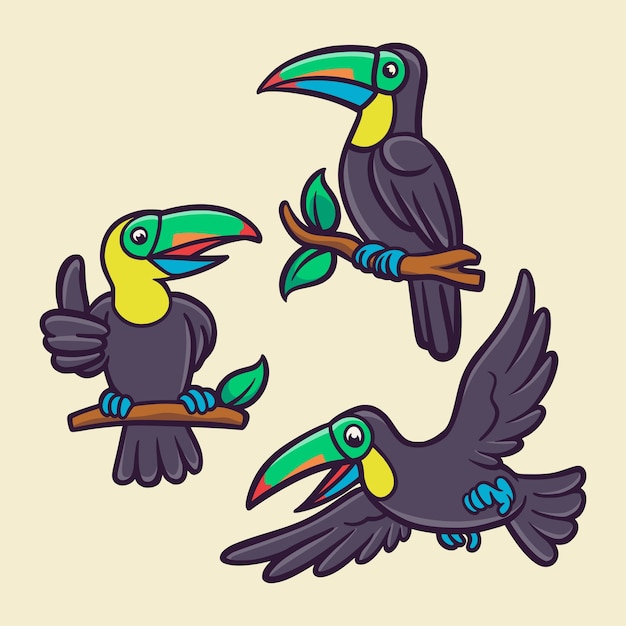 オオハシの鳥が飛んでいて 木の幹の動物のロゴのマスコットイラストパックに腰掛けています プレミアムベクター