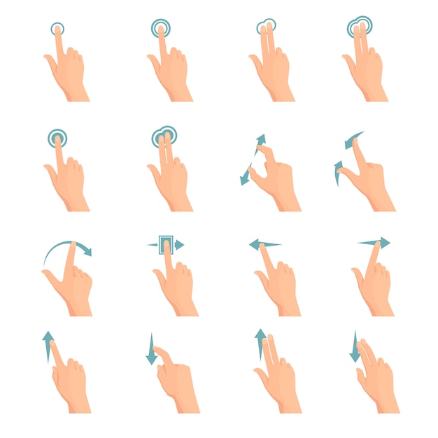 Touch screen hand gestures flat colored icon series with arrows showing direction Free Vector