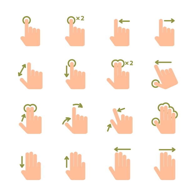 Touch screen hand gestures icons set of swipe pinch and tap isolated vector illustration Premium Vector