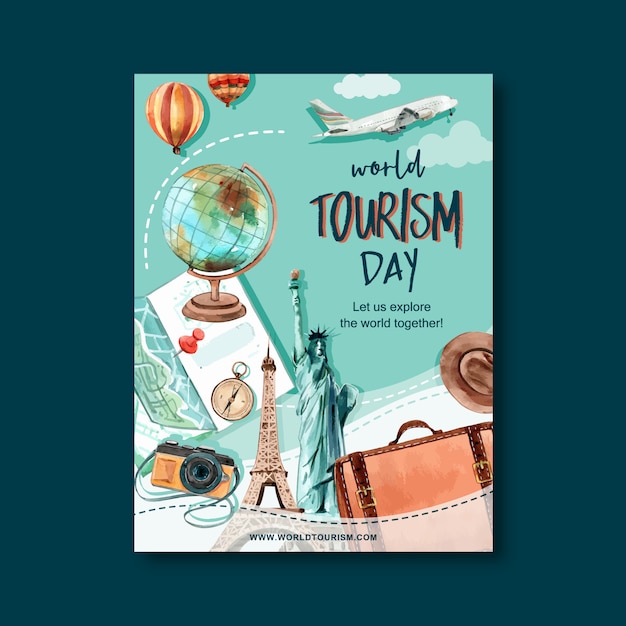 Tourism day flyer design with globe, camera, bag, hat, map Free Vector