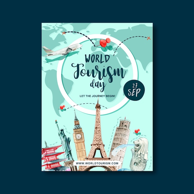 Tourism day poster design with flight route, itinerary, world, plan Free Vector