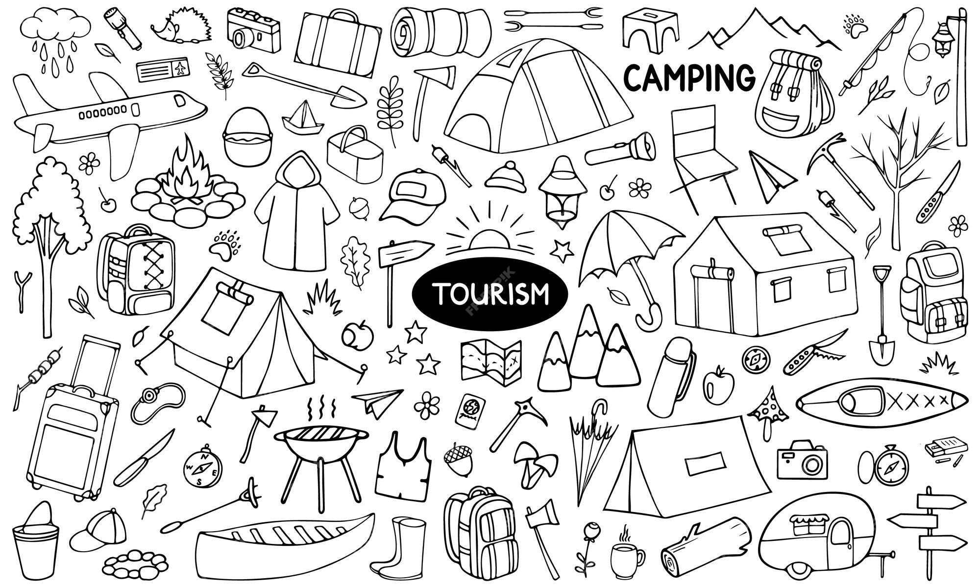 Premium Vector | Tourism hiking and camping equipment in doodle style ...