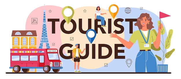 Premium Vector | Tourist guide typographic header tourists listening to