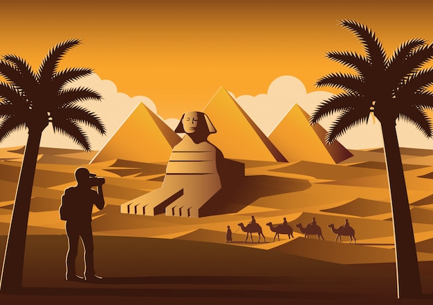 Tourist take photo of famous place called pyramid Premium Vector