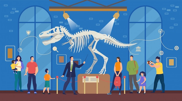 Tourists at natural science archeological museum | Premium Vector