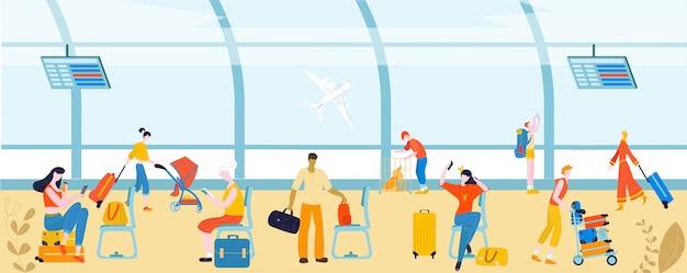 空港の人々 旅客 出発イラストで荷物の荷物を持つ観光客 プレミアムベクター