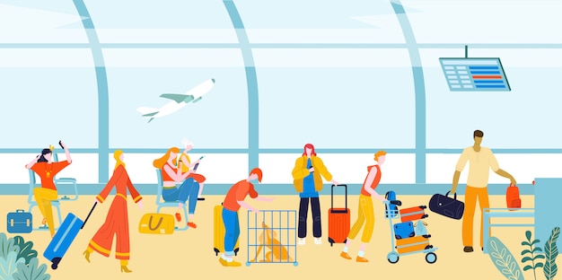 空港で荷物スーツケースを持った観光客 空港ラウンジのターミナルで旅行者の人々フラットイラスト プレミアムベクター
