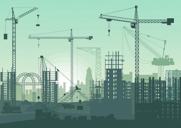 Tower cranes on construction site. buildings under construction. Premium Vector