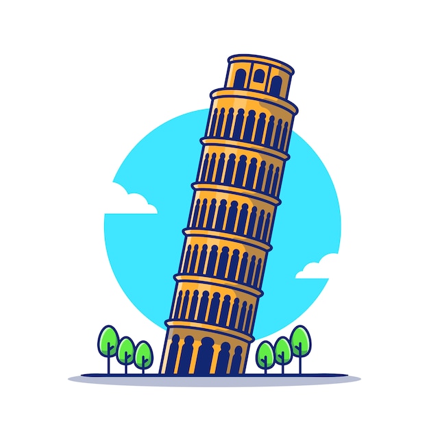 ピサの斜塔漫画アイコンイラスト 有名な建物旅行アイコンのコンセプトが分離されました フラット漫画のスタイル プレミアムベクター
