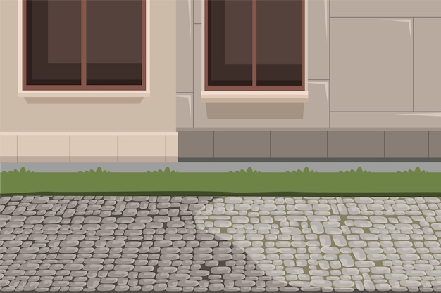 町の建物の外観と舗装の背景 家のファサードの地下室 芝生と石の歩道のイラスト プレミアムベクター