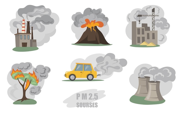 有毒な煙がセットされています 工場のパイプ 火山 市内の車からの煙 白で隔離された山火事からの屋外の霧 フラットイラスト 無料のベクター