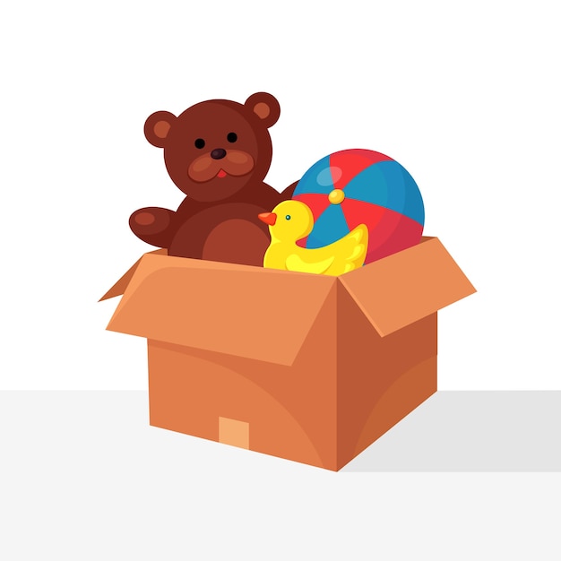 Premium Vector | Toy box with teddy bear, rubber duck, ball