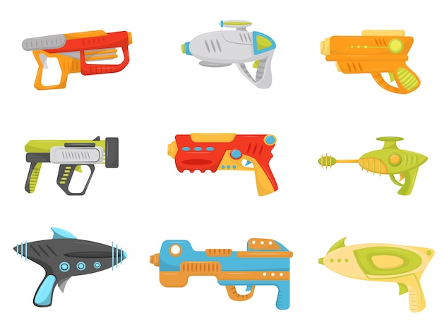 おもちゃの銃セット 武器のピストル 白い背景の上の子供たちのゲームイラストのブラスター プレミアムベクター