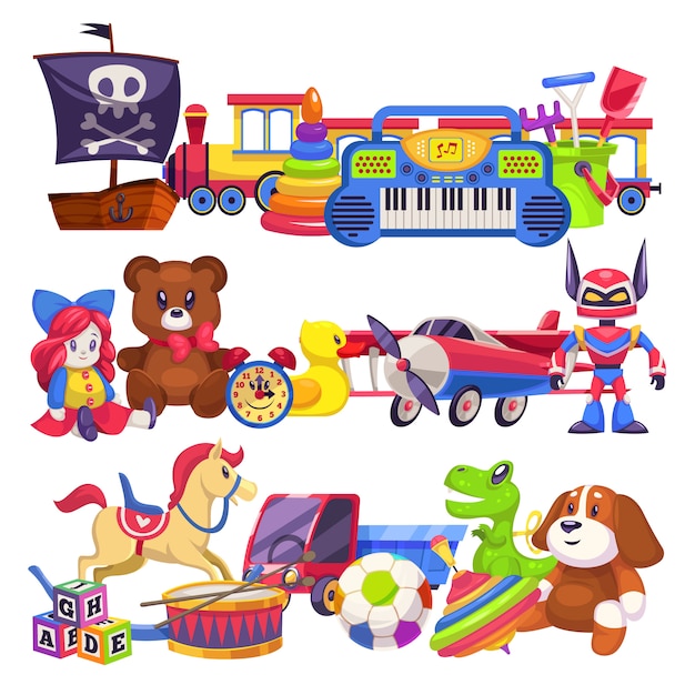 プレミアムベクター おもちゃの山 車 砂桶 子プラスチック動物クマと犬 人形の列車のイラストがかわいいカラフルな子供のおもちゃ山