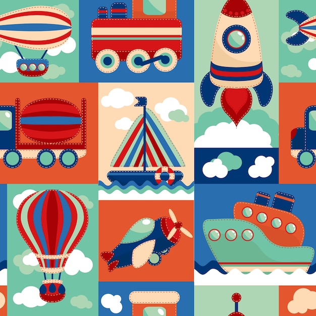Toy transport cartoon seamless pattern with airplane aerostat sail yacht vector illustration Free Vector