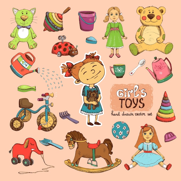 女の子のイラストのおもちゃ 自転車人形の馬のバケツとシャベル 無料のベクター