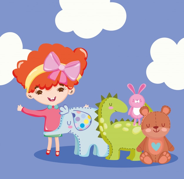 小さな子供が漫画を再生するためのおもちゃオブジェクト 動物とかわいい女の子クマの象の恐竜とウサギのイラスト プレミアムベクター