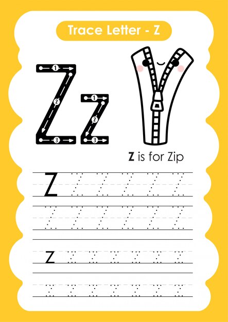 Premium Vector | Trace letter alphabet z exercise with cartoon ...