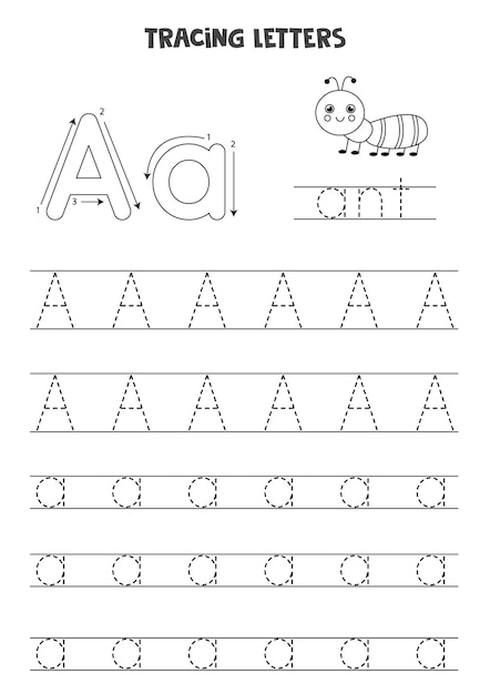 英語のアルファベットのトレース文字 大文字と小文字のaa 就学前の子供のための手書きの練習 プレミアムベクター
