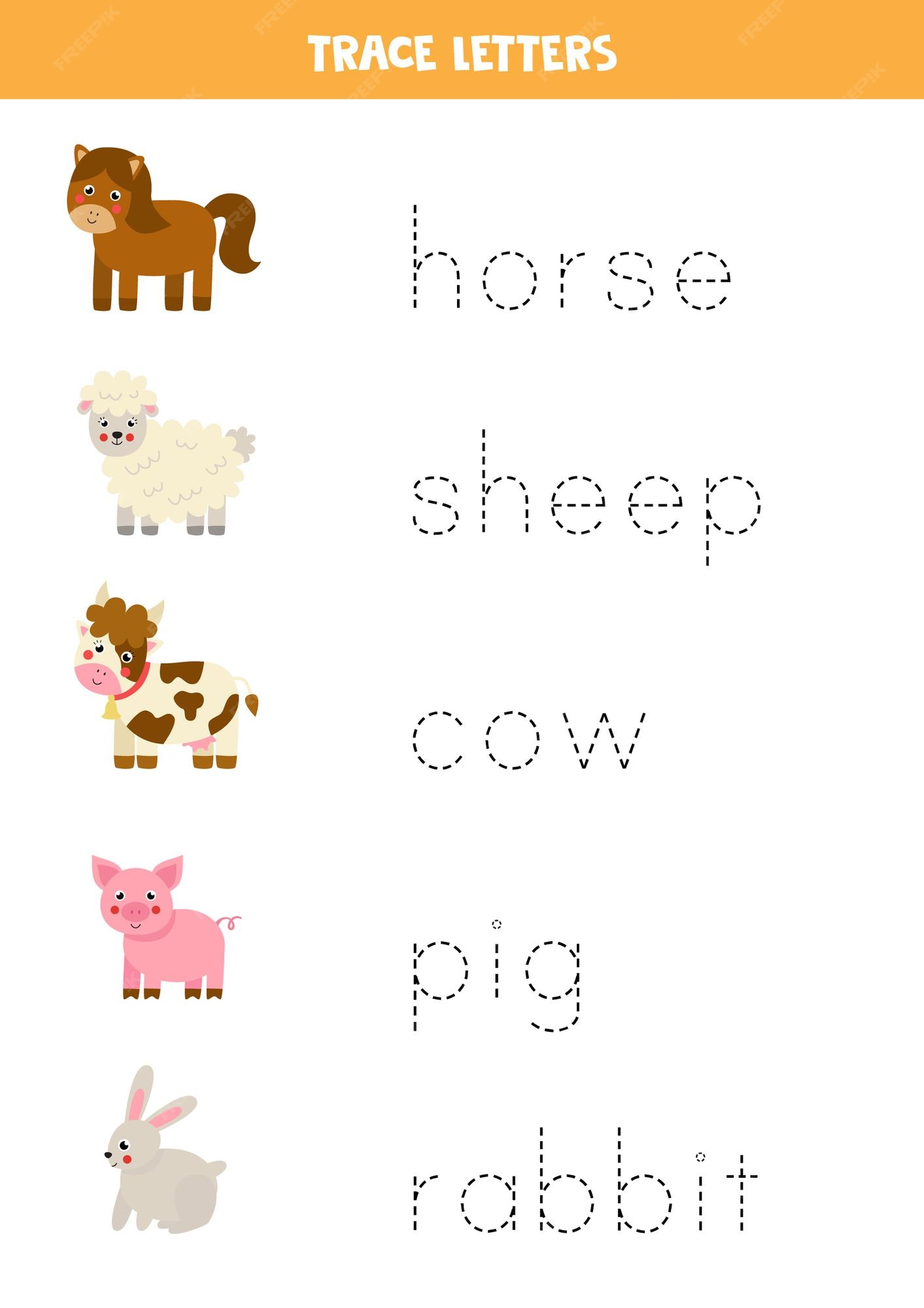 Premium Vector | Trace the names of cute cartoon farm animals ...