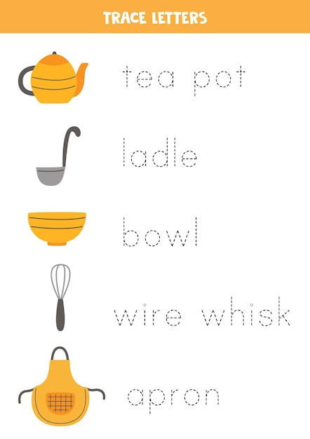 Premium Vector Trace The Names Of Kitchen Utensils Handwriting Practice For Preschool Kids