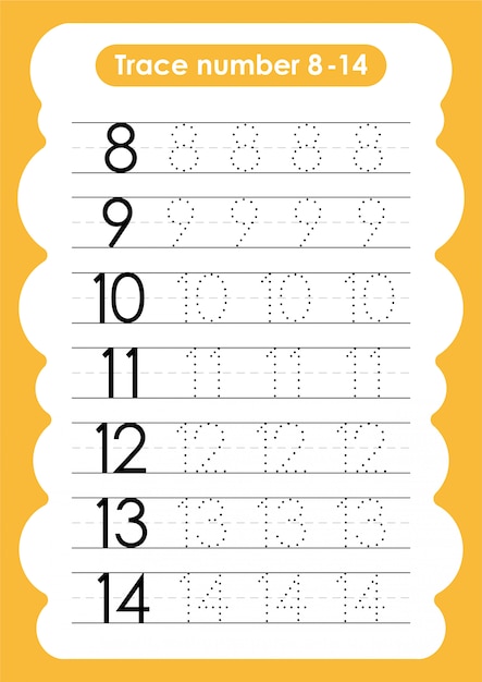 Trace number 8 to 14 - for kindergarten and preschool kids | Premium Vector