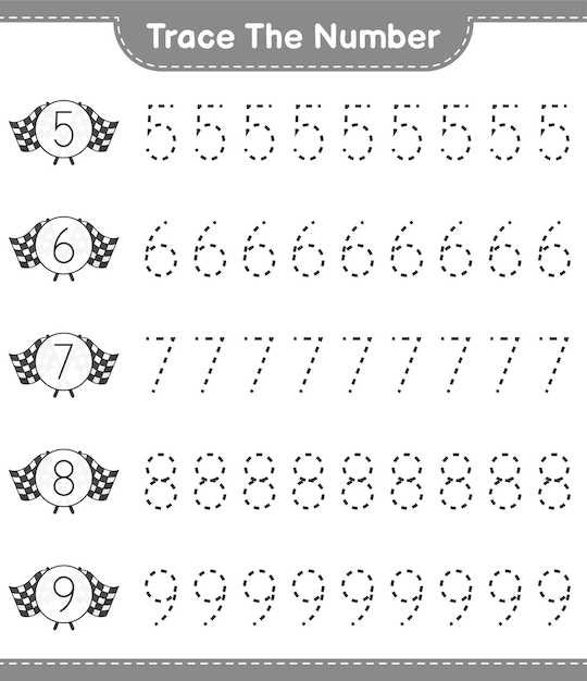 Premium Vector | Trace the number. tracing number with racing flags ...