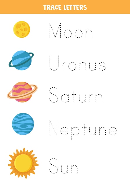 太陽系の惑星と太陽の名前をたどります 就学前の子供のための手書きの練習 プレミアムベクター