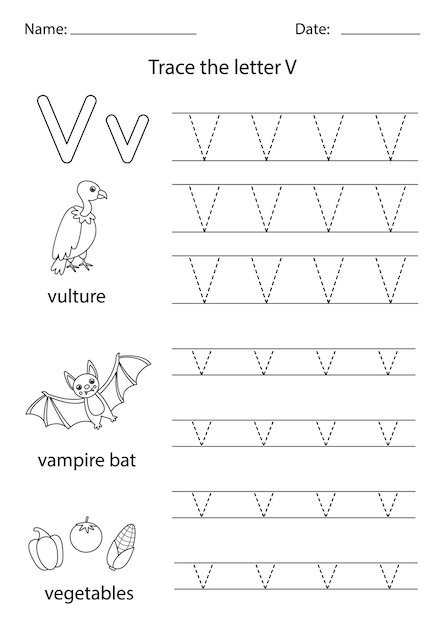 Premium Vector | Trace uppercase and lowercase letter v. black and ...