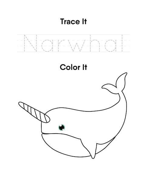 Premium Vector | Trace the word and color the narwhal handwriting ...