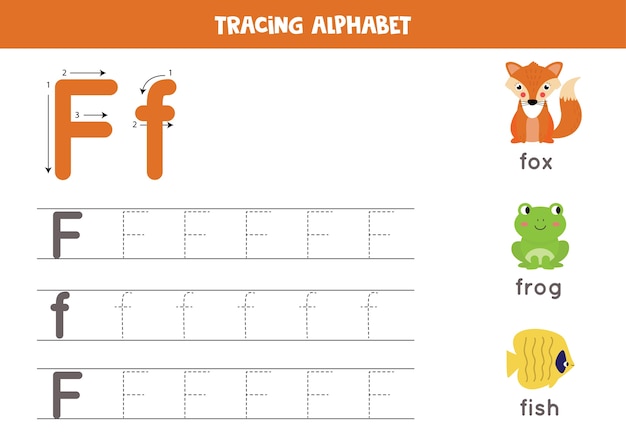 英語のアルファベットのすべての文字をトレースします 子供のための就学前の活動 大文字と小文字を書くf キツネ カエル 魚のかわいいイラスト 印刷可能なワークシート プレミアムベクター